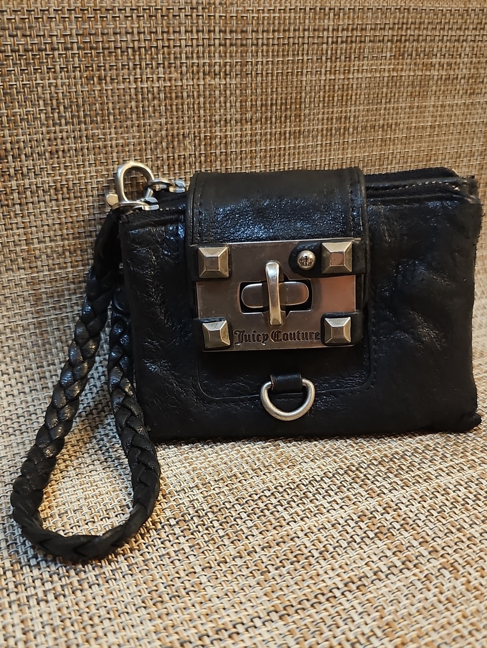 Juicy Couture Black Braided Wristlet Wallet Clutch Silver Hardware and Keychain